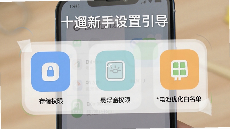 十遛新手设置引导界面,手机屏幕显示权限开启步骤示意图,包括存储权限、悬浮窗权限、电池优化白名单三个图标,画面清晰直观,配色柔和,适合教程展示
