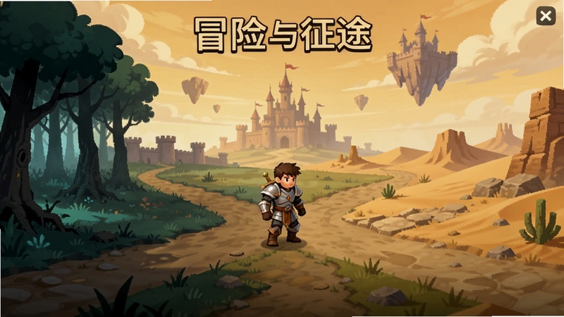 冒险与征途游戏主界面全景展示,画面中央是一位身穿轻甲的冒险者站在岔路口,左侧是幽暗森林区域,右侧是荒漠征途区域,背景远处有城堡轮廓和漂浮的云层,整体色调偏暖,适配Boogu模型生成
