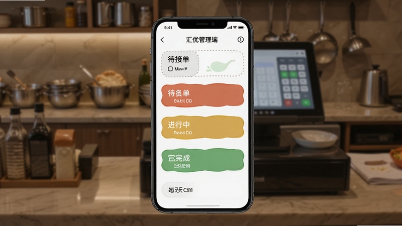 汇优管理端订单处理列表界面,画面中央为手机屏幕显示待接单、进行中、已完成等状态标签,背景为餐厅收银台场景,适配Boogu模型生成