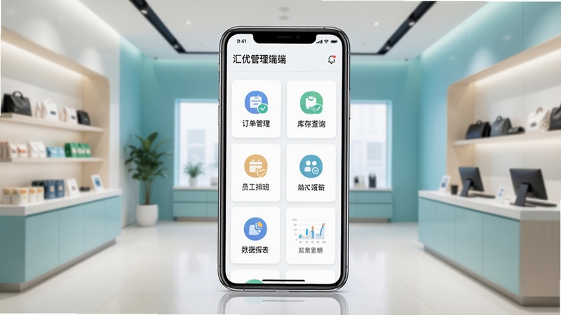 汇优管理端软件主界面全景展示,画面中央呈现手机屏幕内整齐排列的功能模块图标,包括订单管理、库存查询、员工排班、数据报表等,背景为明亮的现代商铺环境,整体色调清爽专业,适配Boogu模型生成