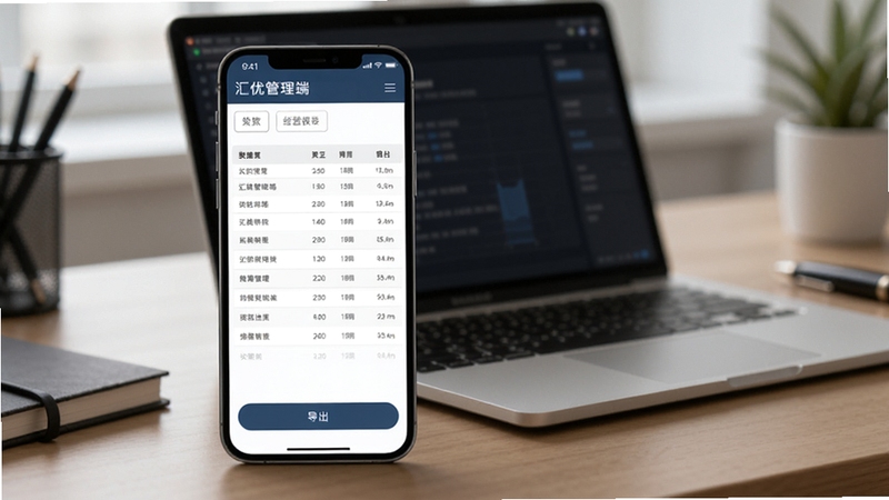 汇优管理端经营报表导出界面,画面主体为手机屏幕显示数据表格与导出按钮,背景为书桌与笔记本电脑,色调稳重专业,适配Boogu模型生成