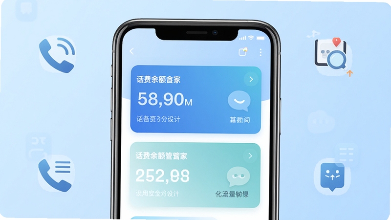 话费余额管家应用主界面截图,画面中央展示手机屏幕,屏幕内呈现话费余额与流量剩余卡片式布局,背景为浅蓝色渐变,四周点缀简约通讯图标,整体风格清爽商务