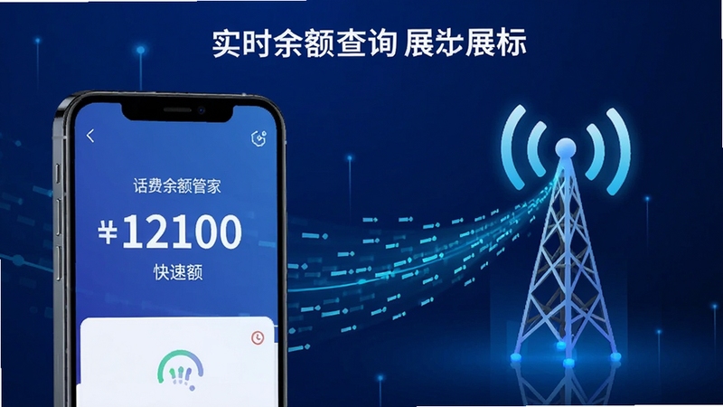 话费余额管家实时余额查询功能展示图,画面左侧为手机界面显示余额数字,右侧为信号塔与数据流线条,背景采用深蓝科技感渐变,突出快速同步的视觉感受