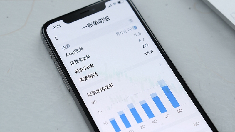 话费余额管家账单明细页面手机截图,画面为手机屏幕特写,屏幕内显示月度账单列表与流量使用柱状图,背景为柔和的浅灰色桌面,整体风格简洁清晰