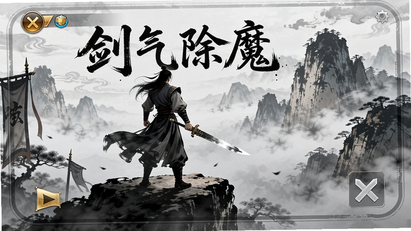 剑气除魔 文字修仙 水墨风格 仙侠场景 主角背影 山巅论剑 云雾缭绕 手机游戏界面 竖版构图 东方玄幻 高清画质