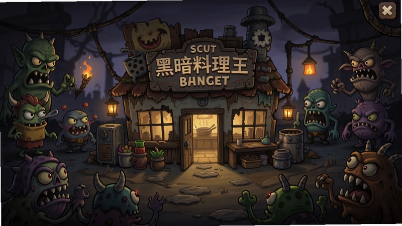 黑暗料理王 游戏主界面 全景 中央为破旧小餐馆 周围环绕各种奇特怪物 暗黑卡通风格 暖色灯光 细节丰富 适配Boogu模型生成