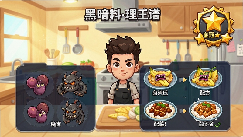 黑暗料理王 玩家正在研发菜谱 界面展示怪物食材与配方组合 深喉香蕉派 台湾卤肉饭 皇冠评级标志 明亮厨房背景 卡通风格 细节清晰