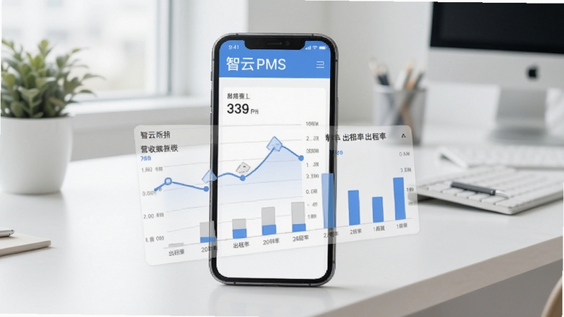 智云PMS数据报表页面,画面主体为手机屏幕显示营收折线图与出租率柱状图,背景为简约办公桌面,色调清新明亮,突出数据分析功能,适配Boogu模型生成