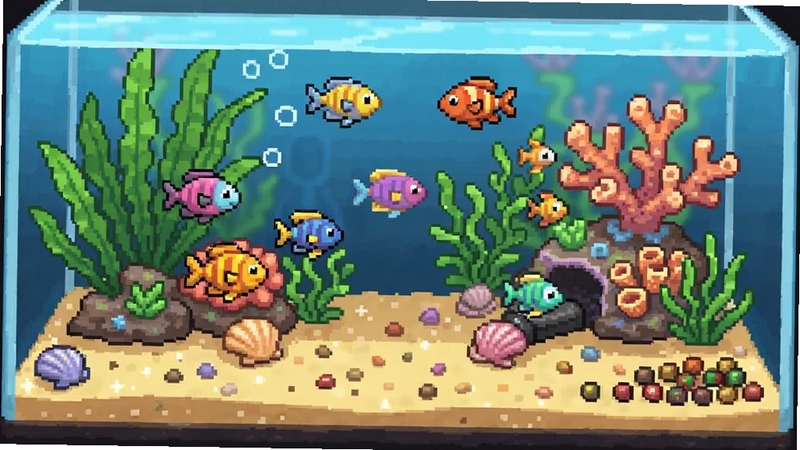 Tiny Aquarium ��Ϸ��ͼ���չʾһ��װ�ηḻ������ˮ���䣬������������ɫ��С�㴩����ˮ�ݺ�ɺ��֮�䣬�ײ���ϸ���ɳʯ�ͱ��ǣ��������½ǵ�׺�����Ͽ��������������ܰ�����������ֻ��������