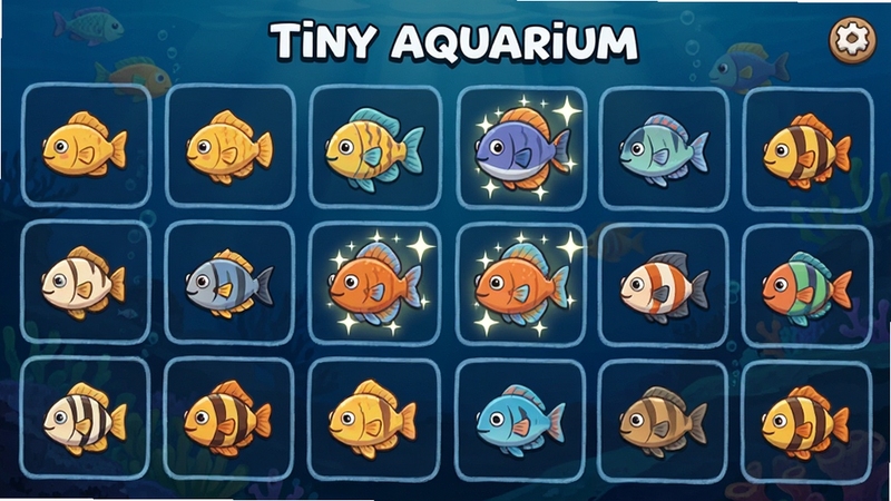 չʾ Tiny Aquarium ��Ϸ�е�����ͼ�����棬����ֳɶ��С���ӣ�ÿ���������в�ͬ���͵Ŀ�ͨ��ͼ�꣬����ϡ�������������Ч������������ɫ���������������������죬ͻ���ռ������ɵ�Ȥζ��