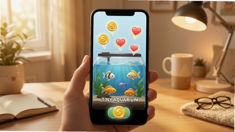 ��� Tiny Aquarium �������泡�����ֻ���Ļ��ʾˮ�����Ϸ�Ʈ���Ž�ҺͰ���ͼ�꣬ˮ�е�С�������ζ�����������ܰ���������滷��������ǿ�����ɷ������Զ�������淨�ص�