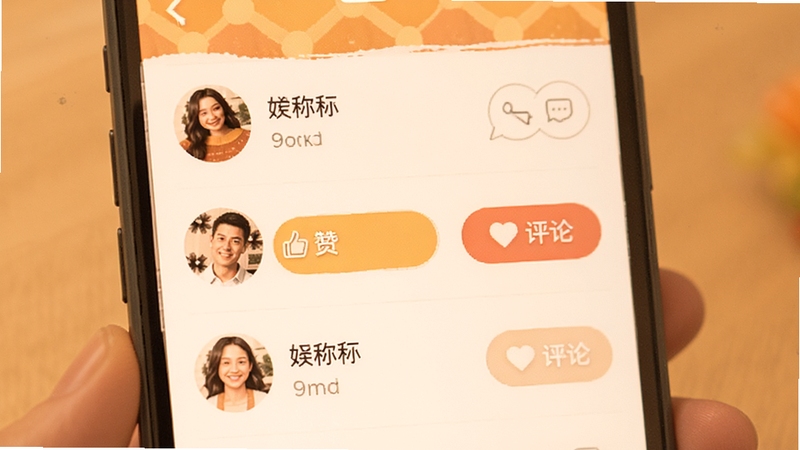 我城 社区互动界面 手机屏幕 用户发帖列表 带有头像、昵称和互动按钮 点赞评论图标清晰 背景为暖色调 体现社区温暖氛围