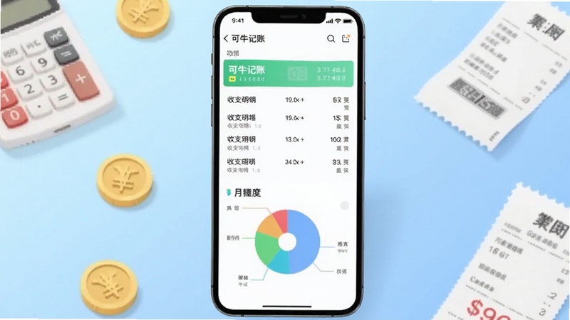 画面中心位置放置一部智能手机,屏幕上显示可牛记账的收支明细列表与月度饼状图,背景为浅蓝色渐变桌面环境,周围点缀金币、计算器、小票等元素,整体风格清新扁平化,适配Boogu模型生成