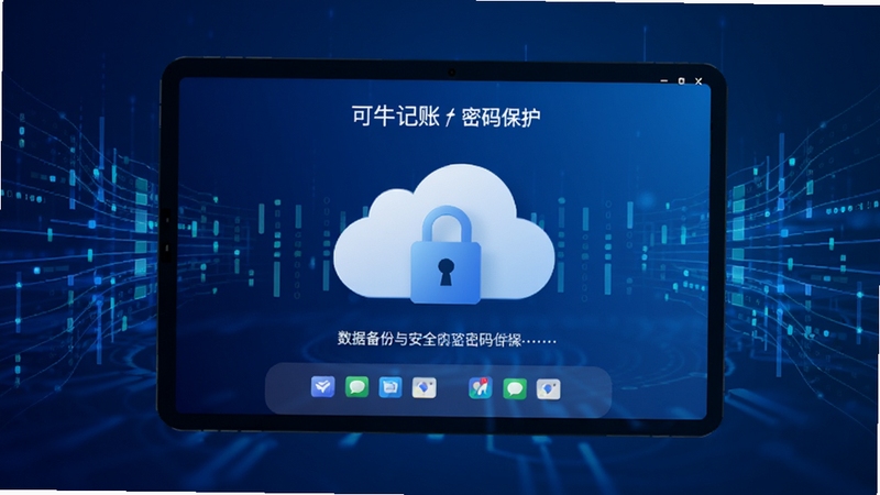 可牛记账数据备份与密码保护界面,屏幕显示云朵图标和锁形标志,背景为深蓝色科技感渐变,周围有数据流线条,强调安全与同步
