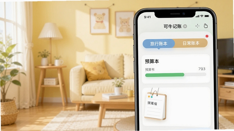 可牛记账多账本切换界面与预算进度条,手机屏幕显示旅行账本和日常账本标签,背景为淡黄色温馨家居环境,体现有条理的生活管理