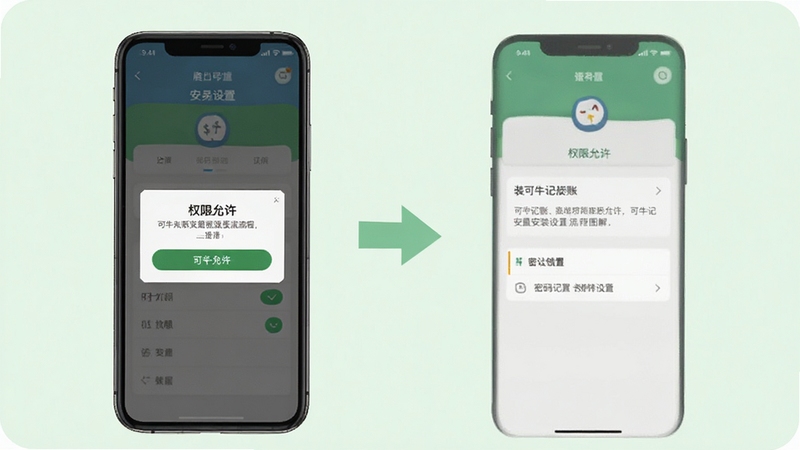可牛记账安装设置流程图解,手机屏幕展示权限允许弹窗和密码锁设置页面,背景为浅绿色引导页风格,配有箭头指示操作步骤