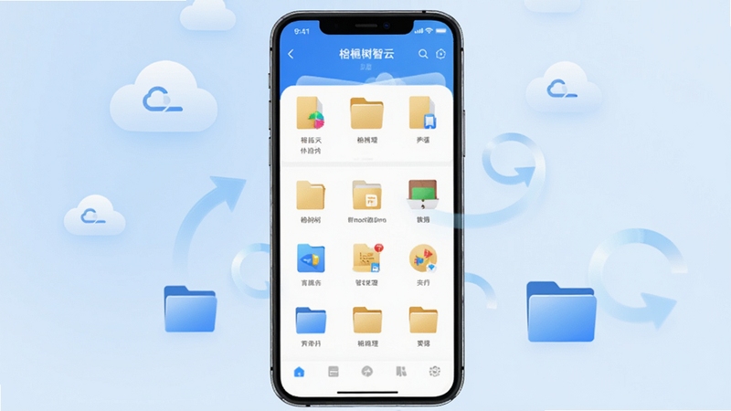 画面中央放置一部智能手机,屏幕上显示梧桐树智云的文件管理界面,背景是浅蓝色渐变与漂浮的云朵图标,周围点缀数据同步箭头和文件夹符号,整体风格清新简洁,适合作为软件主视觉展示