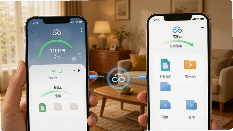 画面展示两部手机之间通过梧桐树智云进行文件快传,界面显示传输速度和文件图标,背景是家庭客厅的模糊场景,整体色调温暖,突出设备互联的即时感