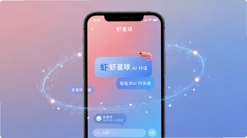 虾星球智能AI对话界面展示,手机屏幕中央呈现对话气泡,背景为柔和渐变色,周围环绕科技感光点,突出虾星球AI伙伴的灵动与智能