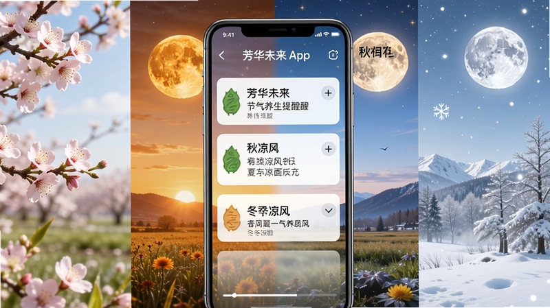 芳华未来App节气养生提醒功能展示图,画面以手机屏幕为主体,屏幕显示二十四节气养生推送通知,背景为四季交替的自然景色,春有百花秋有月,夏有凉风冬有雪,色彩丰富和谐,风格唯美写实,适配Boogu模型生成