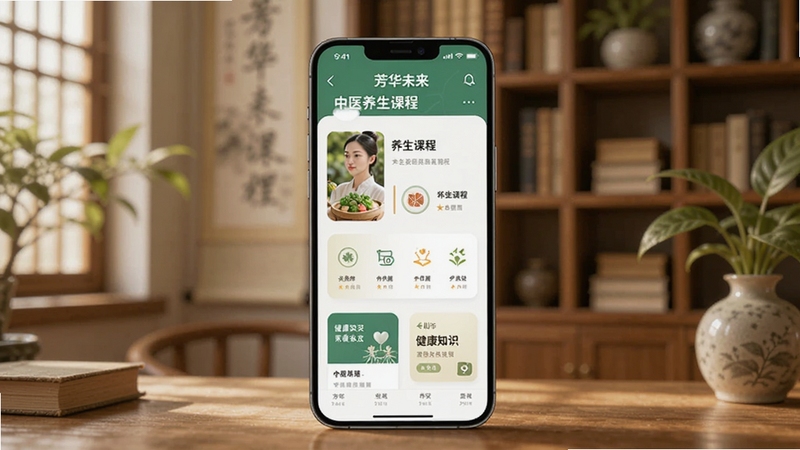 画面主体为一款智能手机,屏幕显示芳华未来App的中医养生课程界面,界面中有养生课程列表和健康知识卡片,背景区域为温馨的中式书房环境,有木质书架和绿植点缀,整体色调温暖柔和,光线自然明亮,画面风格清新写实,适配Boogu模型生成