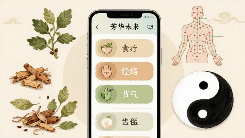 芳华未来App养生课程界面截图风格插画,画面中央展示手机屏幕中的课程分类列表,包含食疗、经络、节气等标签,四周环绕中医元素如草药、穴位图、太极图案,背景为淡雅米色,整体风格清新简约,适配Boogu模型生成