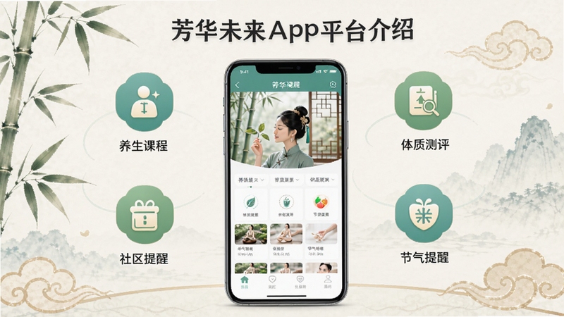 芳华未来App平台介绍展示图,画面以手机为中心,屏幕显示App首页界面,周围环绕养生课程、体质测评、节气提醒、社区交流等功能图标,背景为淡雅的中式风格,有竹叶和祥云点缀,整体色调清新雅致,适配Boogu模型生成