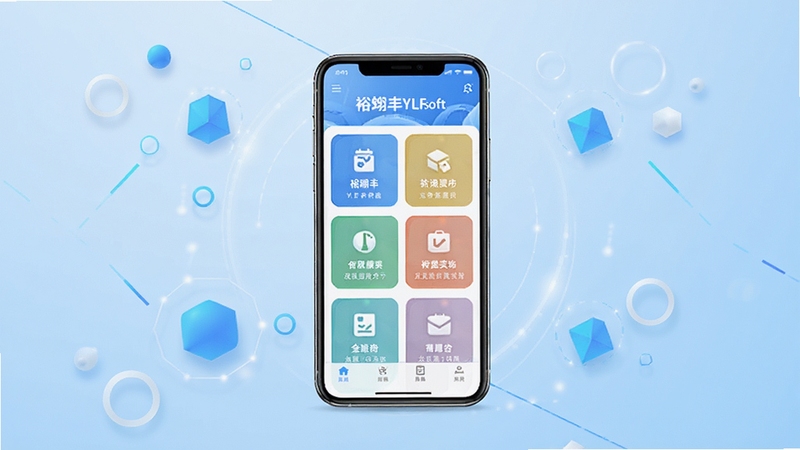 裕翎丰YLFsoft软件主界面全貌展示,画面中央为手机屏幕呈现软件首页功能模块布局,背景为浅蓝色渐变科技风格,屏幕周围有简约的几何图形点缀,整体色调清新明亮,适合软件下载站展示用图