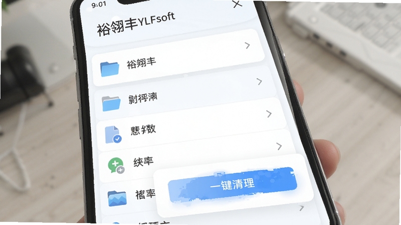 裕翎丰YLFsoft智能文件管理功能界面,手机屏幕显示文件分类列表与一键清理按钮,界面设计简洁现代,背景为白色与淡蓝色搭配,突出功能操作区域,适合展示软件实用性