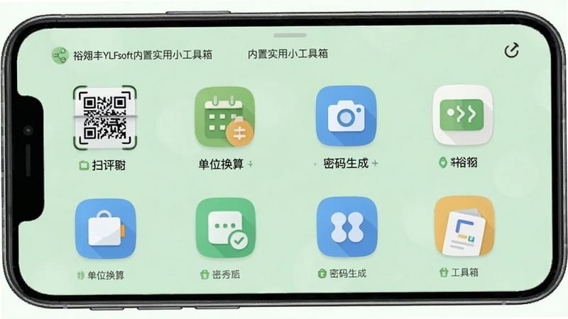 裕翎丰YLFsoft内置实用小工具箱界面,手机屏幕展示二维码扫描、单位换算、密码生成等多个小工具图标排列,背景为柔和浅绿色,图标风格统一扁平化,画面清爽整洁