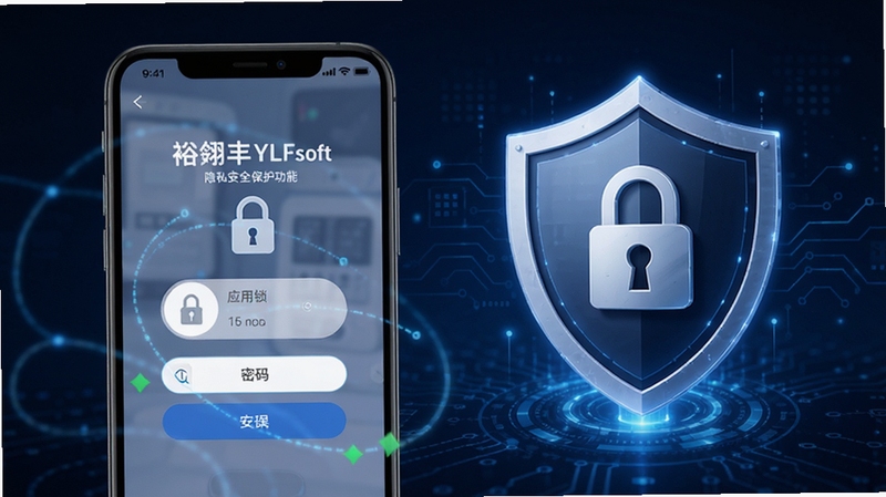 裕翎丰YLFsoft隐私安全保护功能示意,手机屏幕显示应用锁密码输入界面与安全盾牌图标,背景为深蓝色科技感风格,盾牌带有锁形标志,突出安全防护主题,画面沉稳可靠