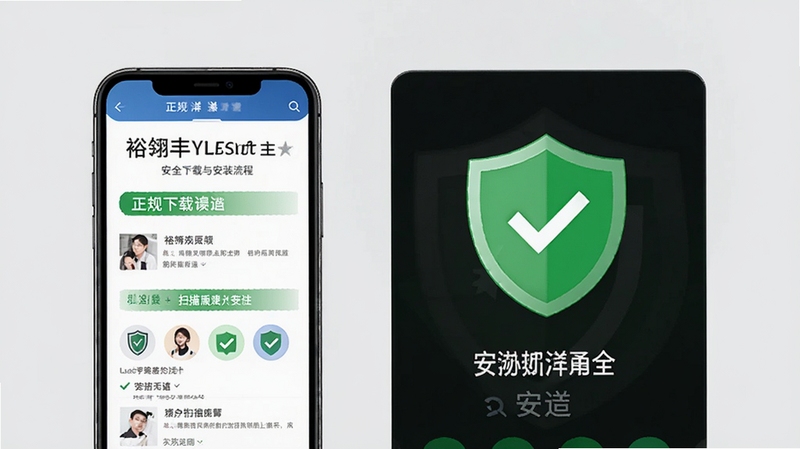 裕翎丰YLFsoft安全下载与安装流程示意图,画面展示手机屏幕上正规下载页面与安全扫描通过的绿色盾牌标志,背景为干净的浅灰色,突出安全下载主题,风格简洁专业