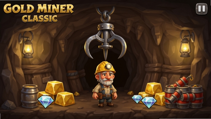 Gold Miner Classic 游戏主界面全景,一位戴安全帽的老矿工站在矿洞中央,上方悬挂可摆动的金属钩爪,四周散布金块钻石与炸药桶,暖黄色矿灯照明,卡通写实风格,横版构图,适配 Boogu 模型生成
