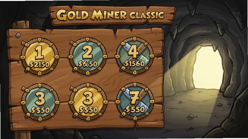 Gold Miner Classic 关卡选择界面,多个圆形关卡图标排列在木质告示板上,图标上标注数字与所需金额,背景是矿洞入口,阳光从洞口洒入,卡通手绘风格