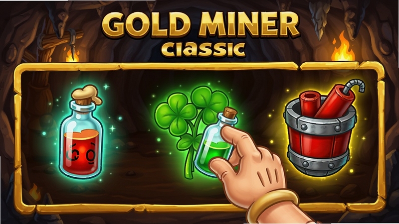 Gold Miner Classic 道具栏展示,大力水手药水、幸运草、炸药桶并排摆放,每个道具散发微光,矿工的手正要拿起药水,矿洞背景,卡通渲染风格,色彩鲜明