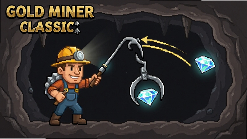 Gold Miner Classic 高分攻略示意图,矿工在矿洞中精准下钩抓取钻石,画面标注角度线与目标物品,教学演示风格,清晰直观