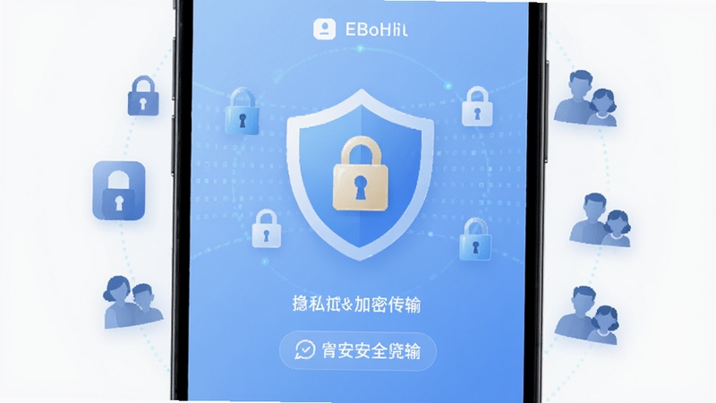 家信隐私安全设置界面,手机屏幕显示应用锁与加密传输标识,画面以盾牌与锁形图标为视觉核心,背景为柔和的蓝色渐变,周围环绕数据加密符号与家庭头像剪影,整体风格科技感与安全感并重,适配Boogu模型生成