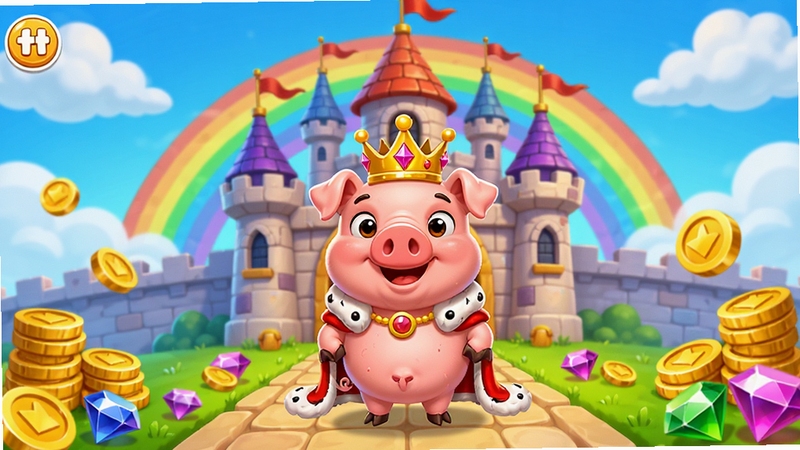 Piggy Kingdom ��Ϸ������ȫ��ͼ������������һֻ���ŻʹڵĿɰ�С��վ�ڳǱ���ǰ��������������ƺͲʺ磬��Χ�н�Һͱ�ʯɢ�䣬������������ͨ��ɫ�ʱ��Ͷȸߣ��ʺ���Ϊ��Ϸ�������Ӿ�