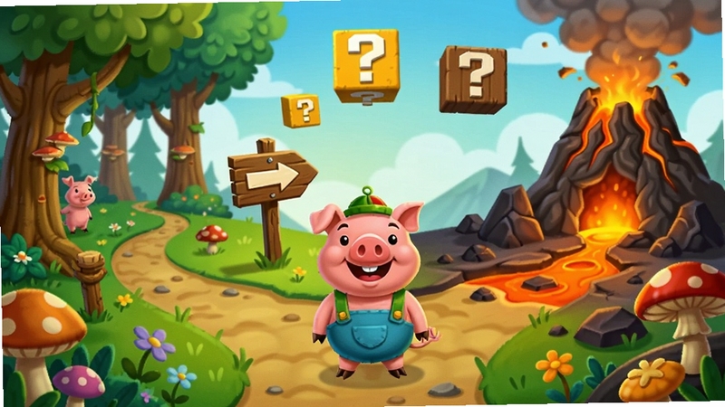 Piggy Kingdom �������ð�ճ�����ͼ��С������վ�ڷֲ�·�ڣ������ɭ��С���Ҳ��ǻ�ɽ���ڣ���������·��ָʾ�ƺ�Ʈ�����ʺŷ��飬���ͨ������ϸ�ڷḻ