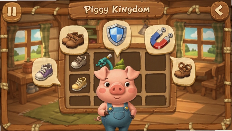 Piggy Kingdom ��ɫ���ɽ����ͼ���廭��չʾС����ɫվ��װ����ǰ����ΧƯ����Ь�ӡ����ܡ������ȵ���ͼ�꣬��������ܰ��ũ���ڲ���ľ�ʸ�UI�߿�����ɫ����ů