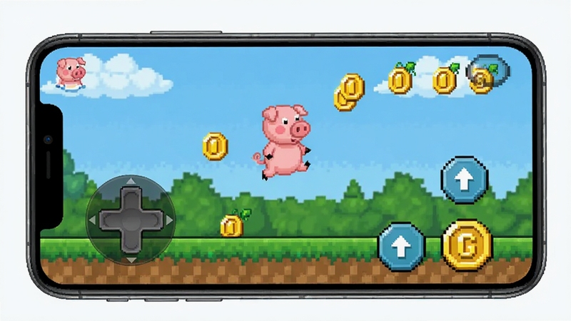 Piggy Kingdom �ƶ��˲�������ʾ��ͼ��չʾ�ֻ������ճ����ƣ���Ļ����ʾ����ҡ�˺���Ծ��ť��С����ɫ������Ծ�ռ���ң����������ط��Ĳݵعؿ�