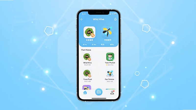 Wild Hive 应用主界面全貌展示,画面中心为手机屏幕内 Wild Hive 的清爽首页布局,背景为浅蓝色渐变科技风格,四周点缀少量几何光点,整体明亮简洁,突出应用图标与核心功能入口,适配 Boogu 模型高清生成