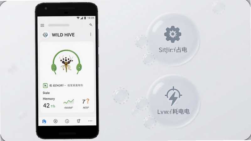 Wild Hive 轻量运行概念图,画面左侧为一部中端安卓手机,屏幕内显示 Wild Hive 运行状态面板,右侧用半透明气泡呈现低内存占用与低耗电标识,背景为柔和的灰白色,整体风格干净商务,适合 Boogu 模型生成