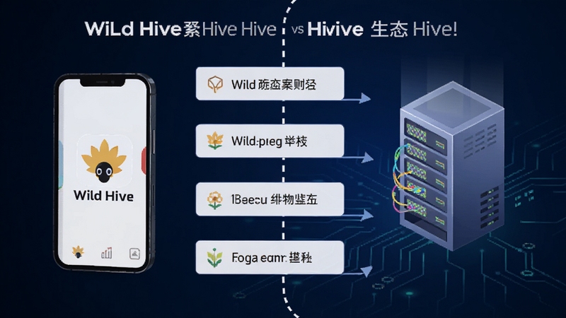 Wild Hive 与 Hive 生态对比概念图,画面左侧为手机端 Wild Hive 简洁图标,右侧为服务器机柜抽象图形,中间用虚线分隔并标注不同应用场景,背景为深蓝渐变科技底色,适合 Boogu 模型生成