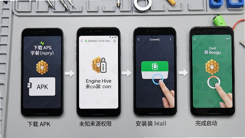Wild Hive 安装步骤示意图,画面以手机屏幕为主体,依次展示下载 APK、开启未知来源权限、点击安装、完成启动四个分镜,背景为淡灰色工作台面,风格清晰教程化,适合 Boogu 模型生成