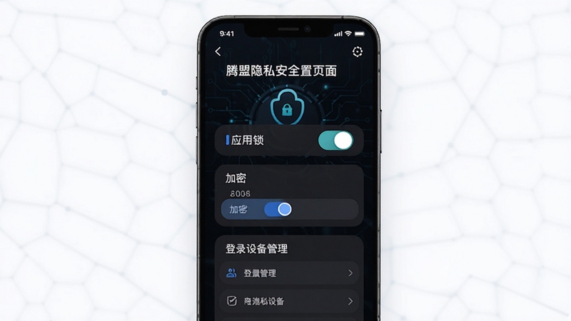 腾盟隐私安全设置页面,手机屏幕显示应用锁开关、加密选项和登录设备管理列表,界面以深色模式呈现,背景为暗色调科技感线条,突出安全与隐私保护主题