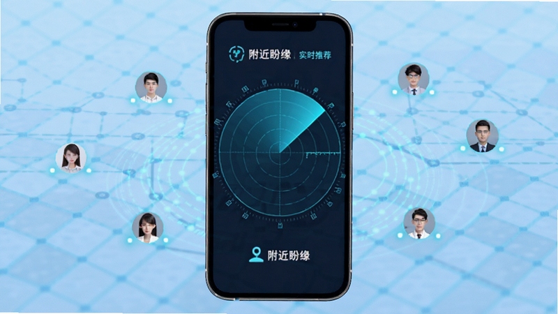 附近盼缘智能定位功能展示图,画面主体为手机屏幕上的雷达扫描动画,周围散布用户头像光点,背景为淡蓝色科技感网格,突出附近盼缘的精准定位与实时推荐能力