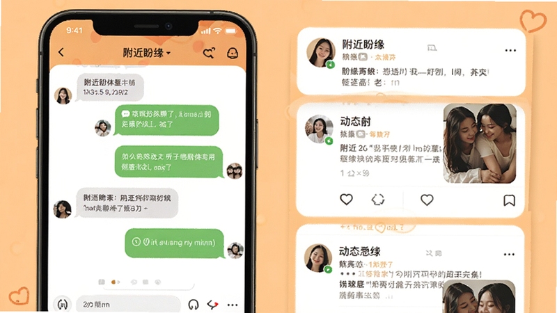 附近盼缘聊天与动态界面展示,手机屏幕左侧为聊天气泡对话框,右侧为动态信息流卡片,背景为温馨的浅橙色,突出附近盼缘的社交互动氛围