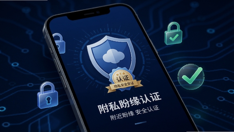 附近盼缘安全认证与隐私设置界面,手机屏幕显示盾牌图标与认证徽章,周围环绕锁形与勾选元素,背景为深蓝色科技感,强调附近盼缘的安全防护特性