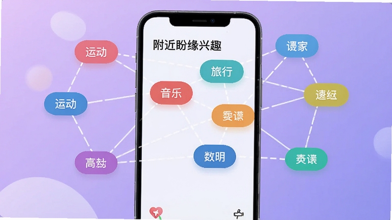 附近盼缘兴趣标签匹配界面,手机屏幕显示多个彩色兴趣标签如运动、音乐、旅行等,标签之间以线条连接形成网络,背景为柔和渐变紫色,体现附近盼缘的智能匹配概念